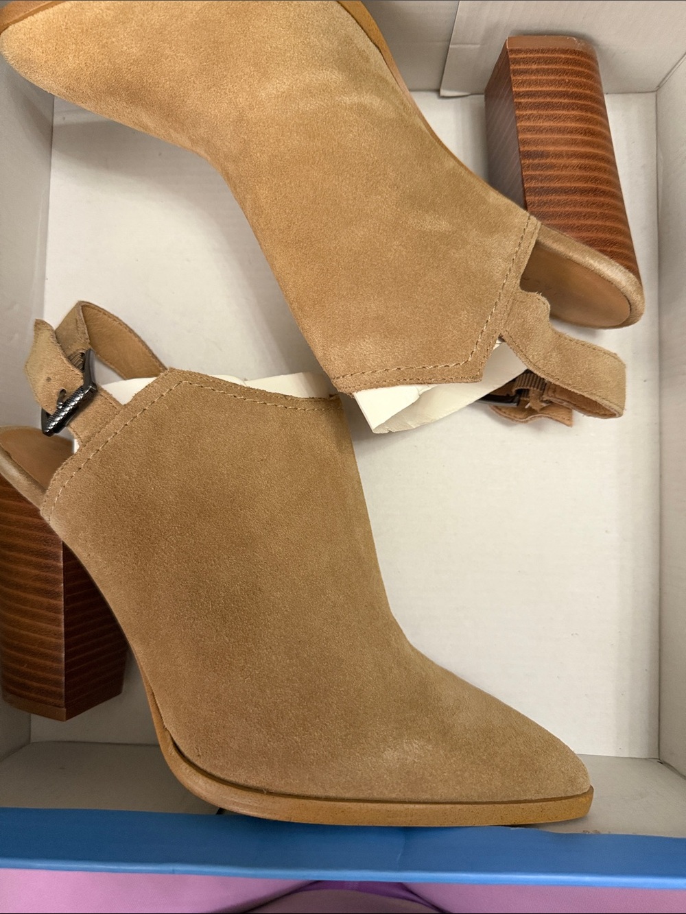 Women's Tan Suede Block Heel Slingback Booties